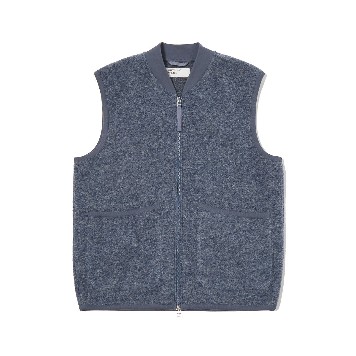 Buy online Universal Works Zip Waistcoat Slate Blue Wool Fleece