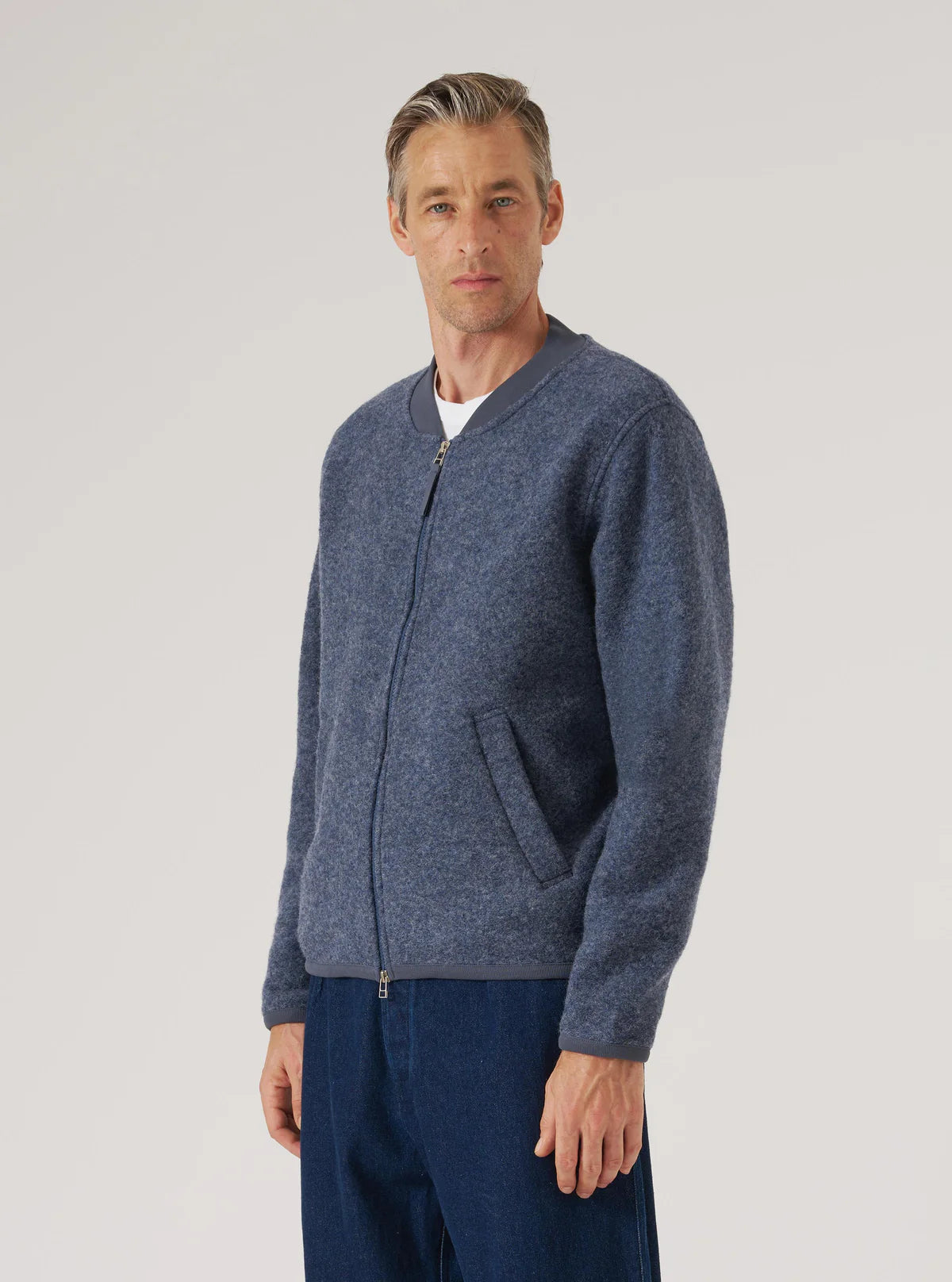 Zip Bomber Jacket - Slate Blue Wool Fleece