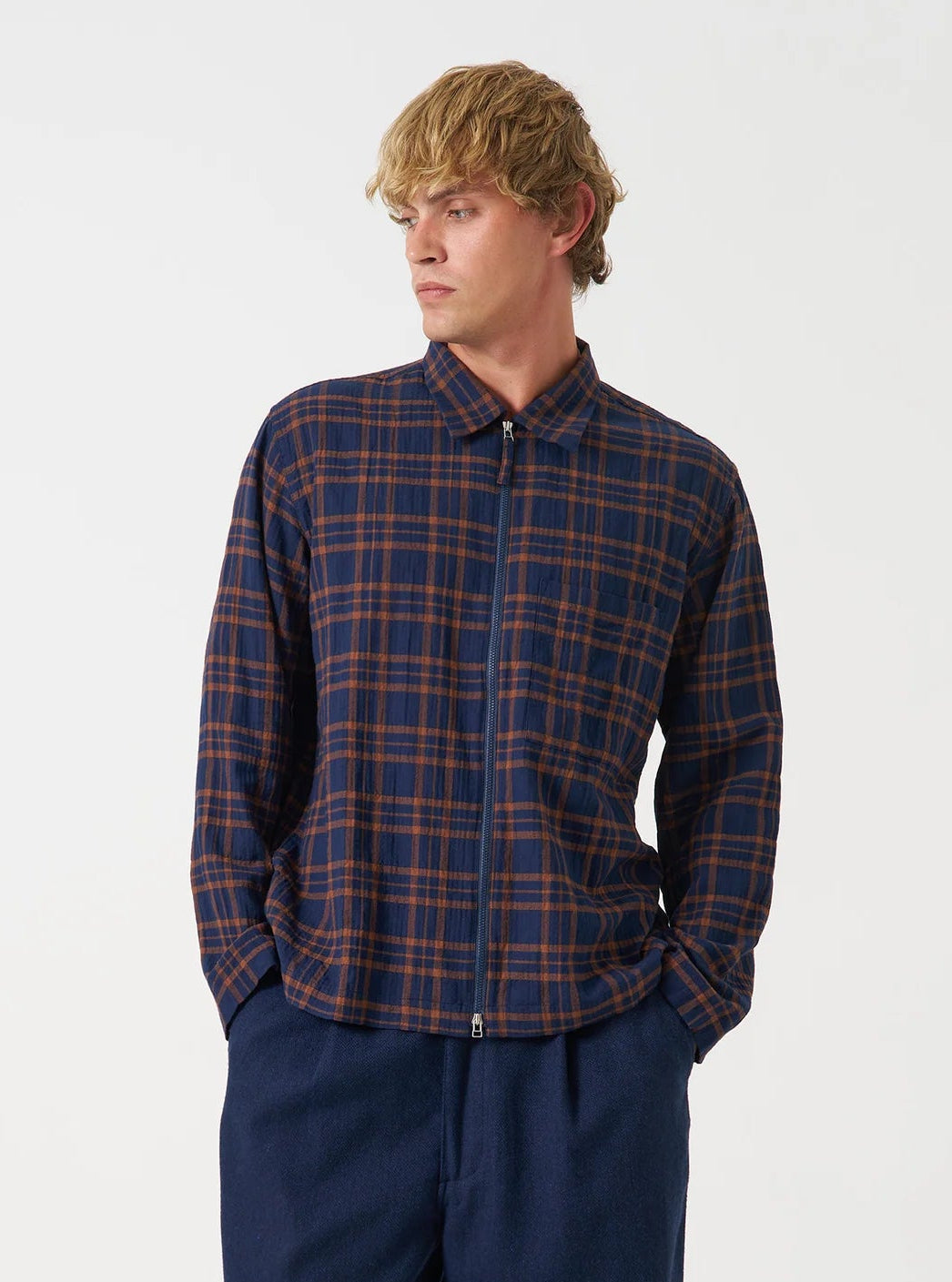 Zip Shirt - Navy/Brown Young Check