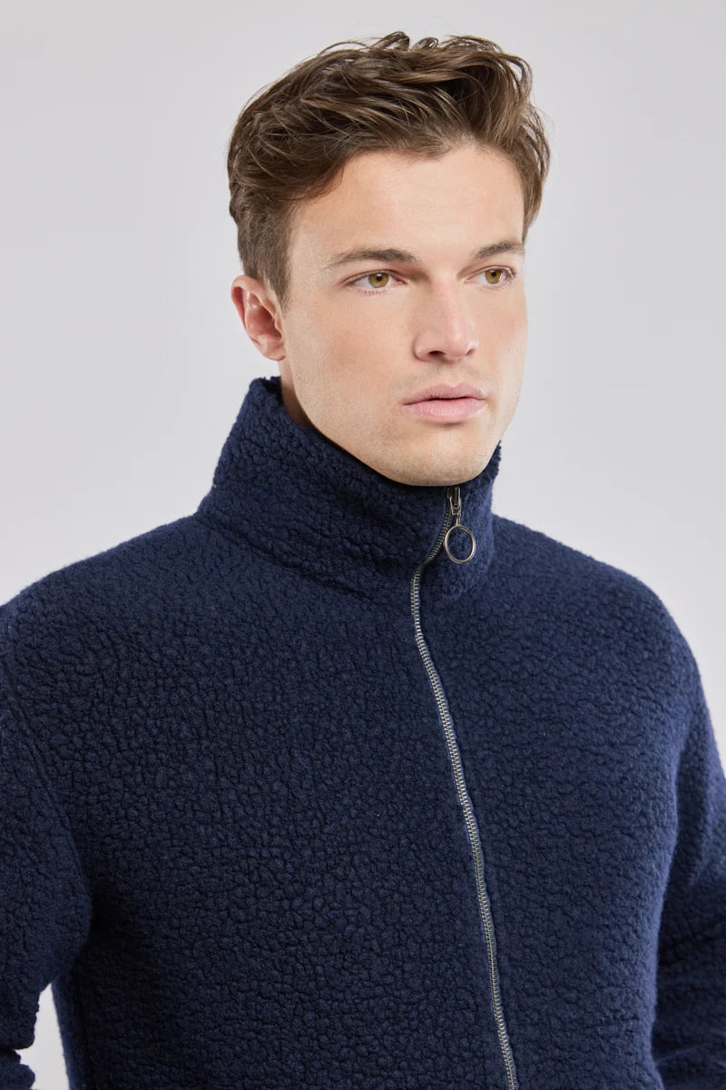 Zipped Sherpa Jacket - Navy Wool