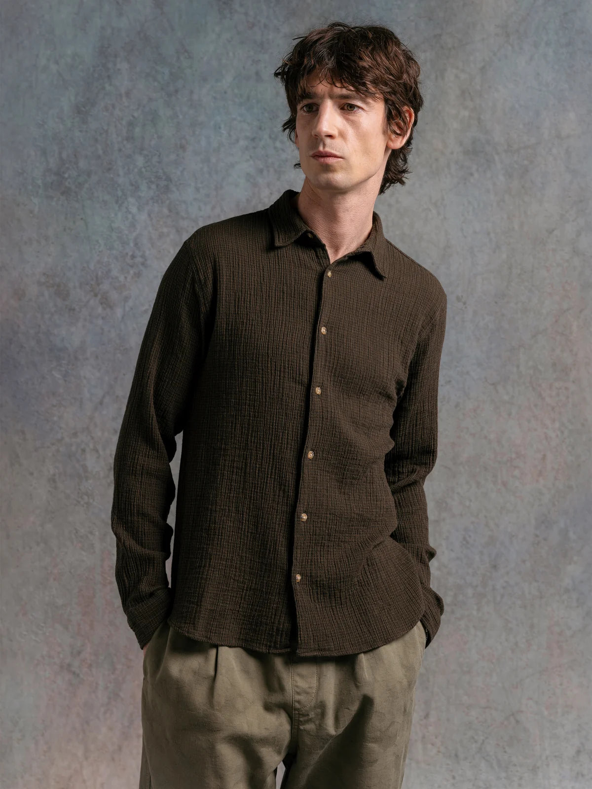 Dirleton Shirt - Olive Check Crinkle Cotton
