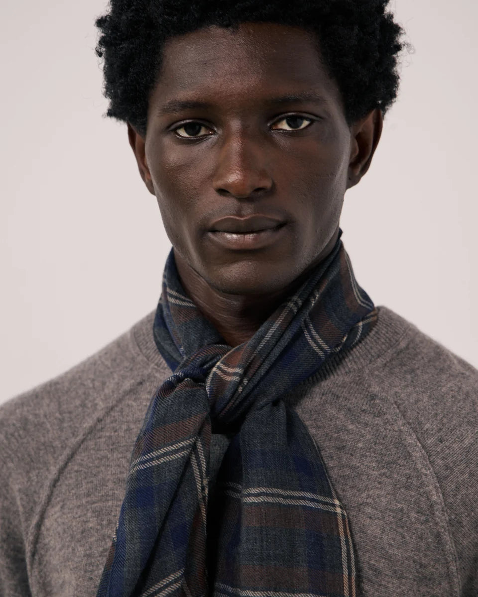 Tartan Scarf - Grey Indigo Camel 01