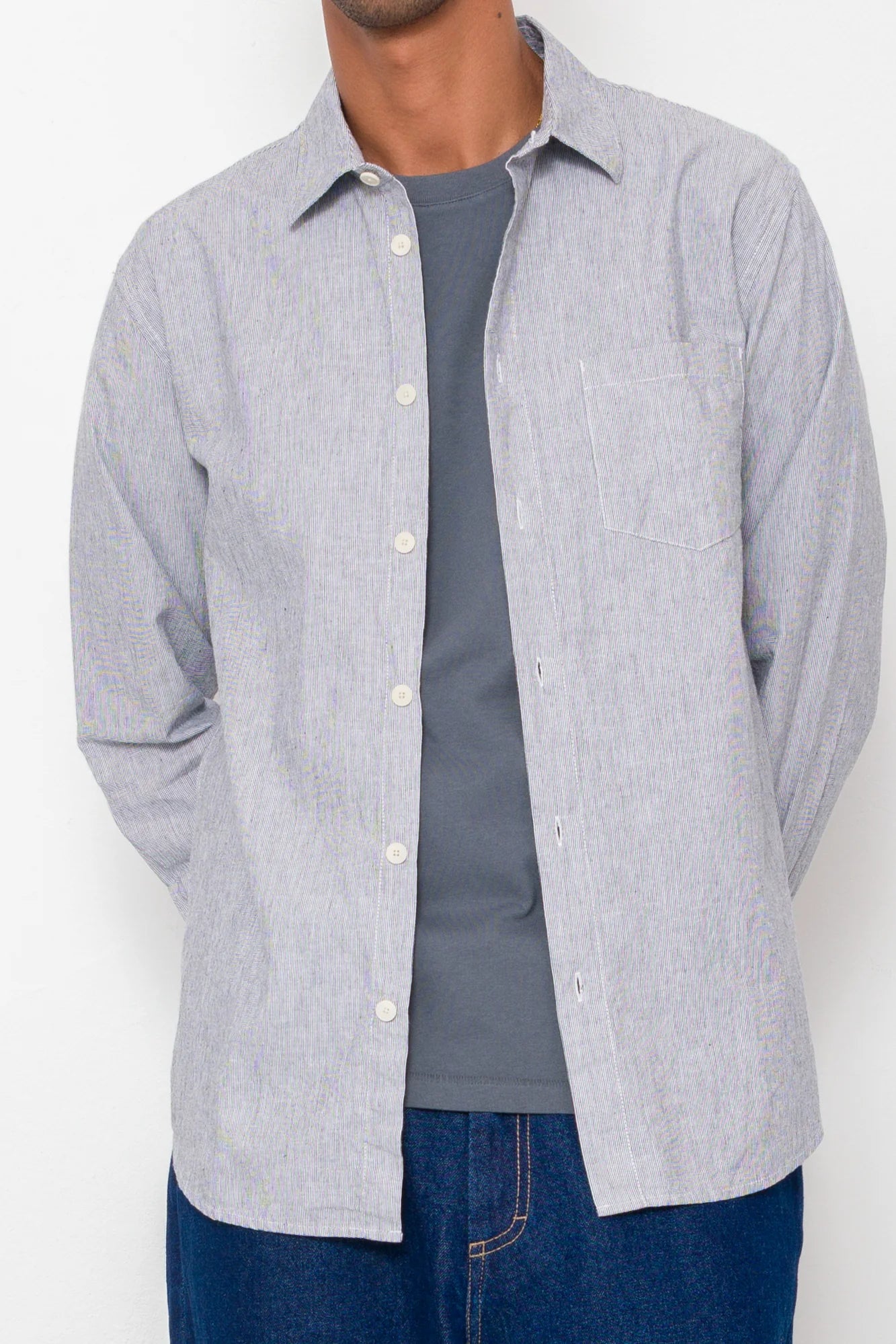 Relaxed Fit Shirt - Black Microstripe Linen