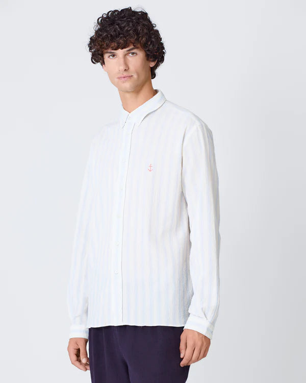 Teles Button-Down Logo Shirt - Pale Blue Stripes/Sunrise Logo