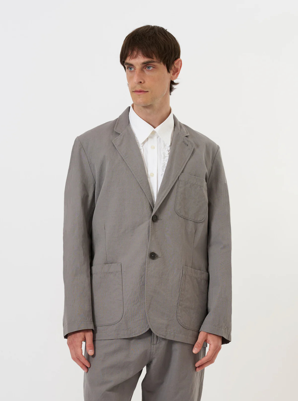 Two Button Jacket - Mid Grey Linen Slub Weave