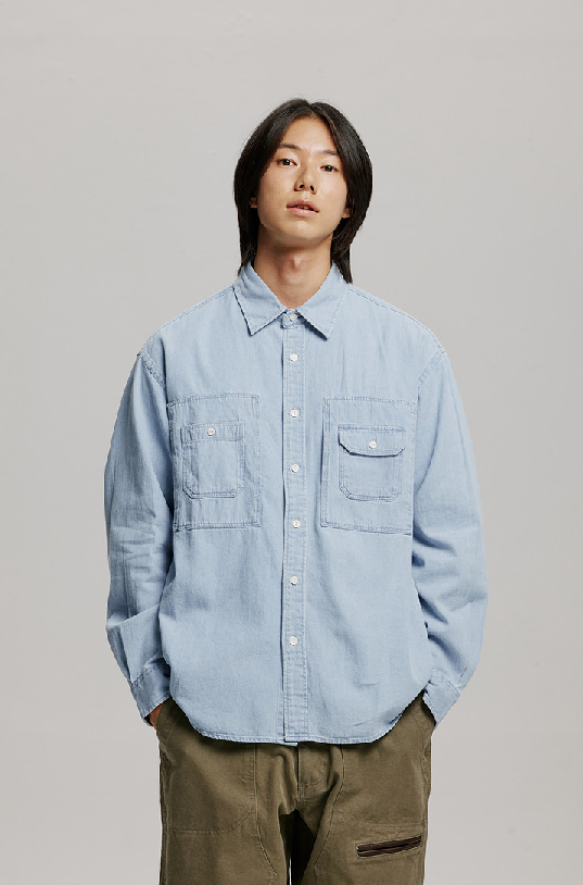Bleach Denim Utility Shirt - Light Blue