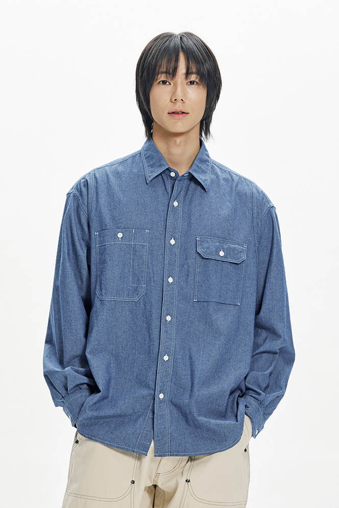 1920s Chambray Work Shirt - Blue