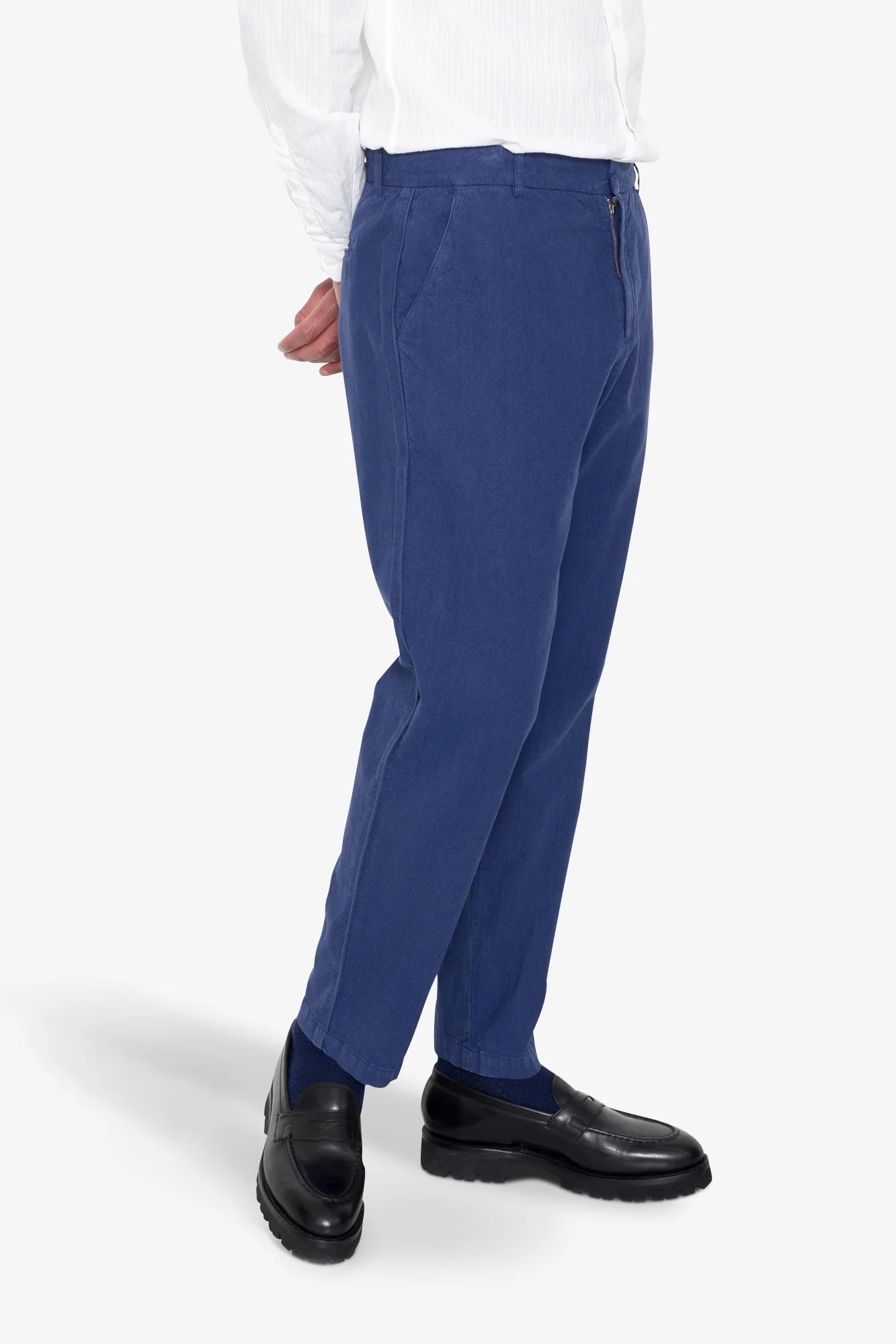 Fixed Waistband Cotton Linen Trousers - Deep Blue
