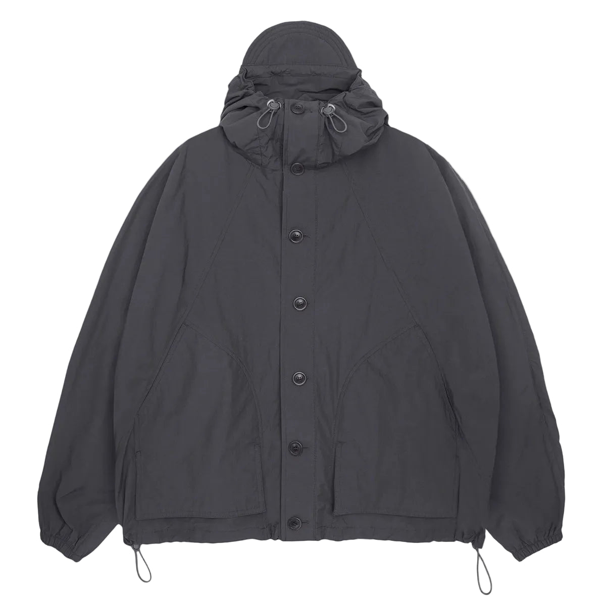 A dark gray hooded jacket with a button-up front, laid flat against a light gray background.