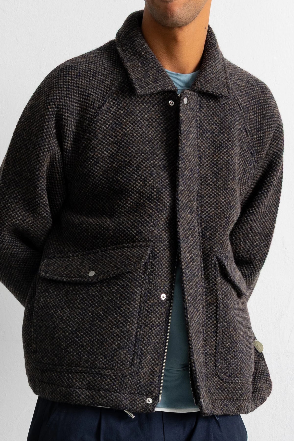 Cropped Winter Coat - Navy Brown Texture