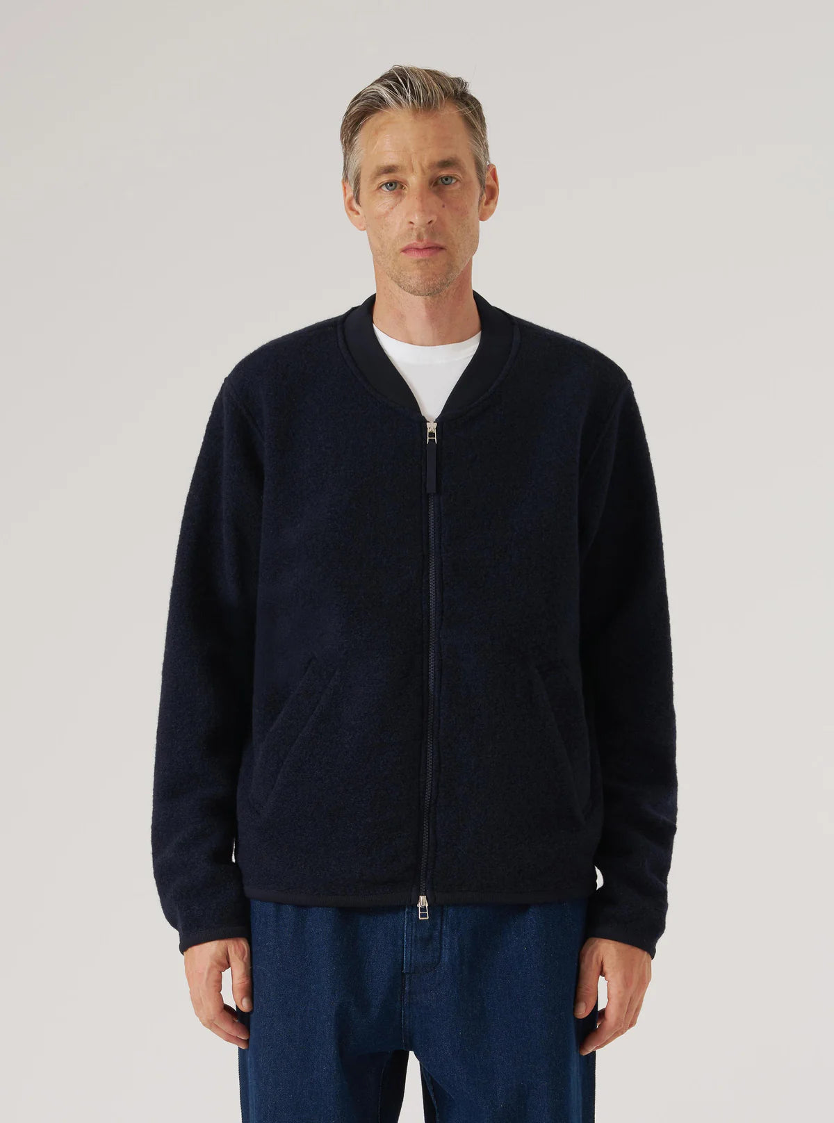 Zip Bomber Jacket - Navy Wool Fleece
