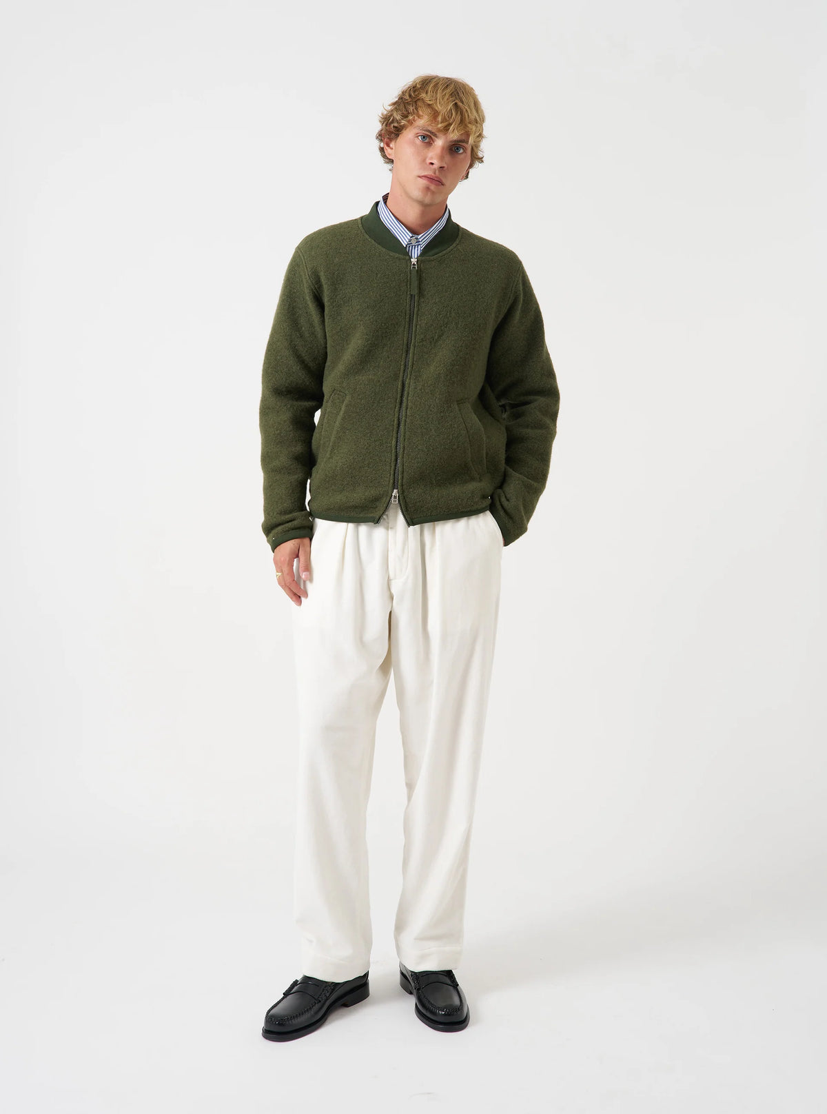 Zip Bomber - Olive Wool Fleece