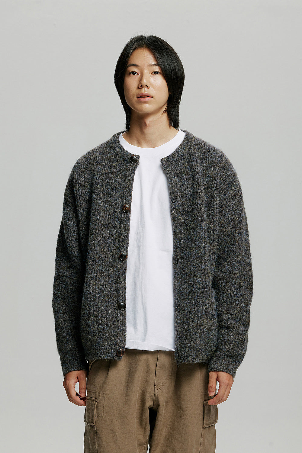 Wool Heavy Wool Round Cardigan - Dark Grey