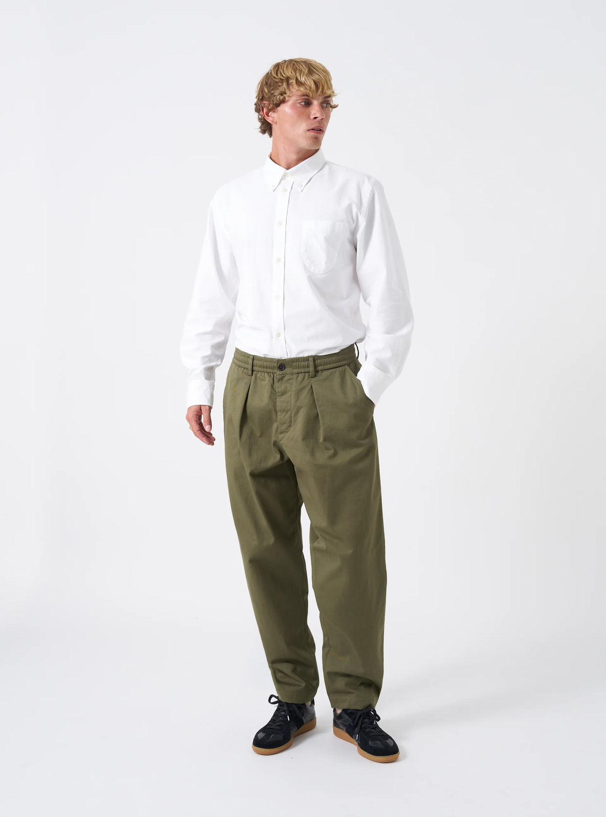 Pleated Track Pant - Light Olive Twill