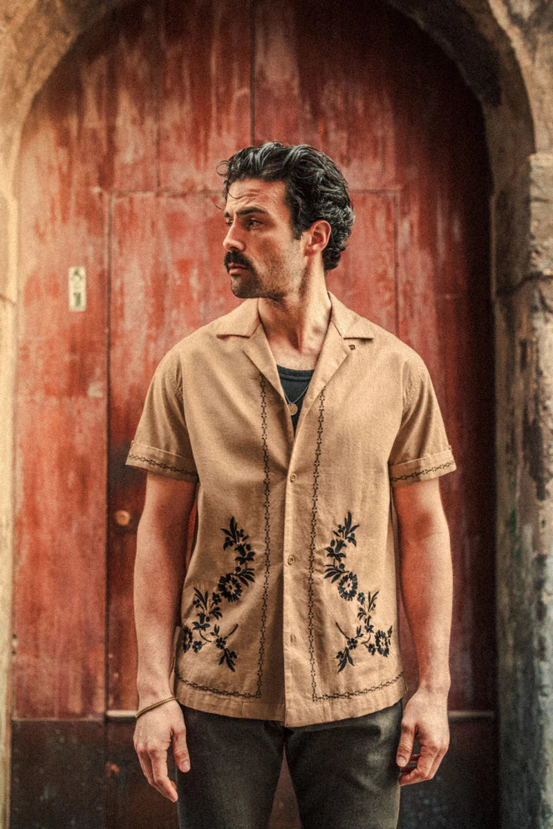 Luca Embriodered Shirt - Tan Linen Blend