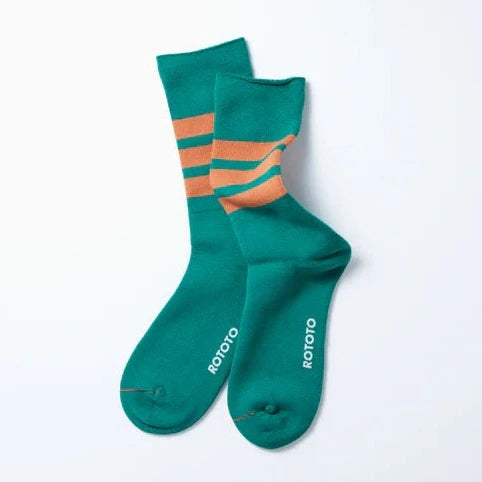 Fine Pile Striped Crew Socks - Green/Orange