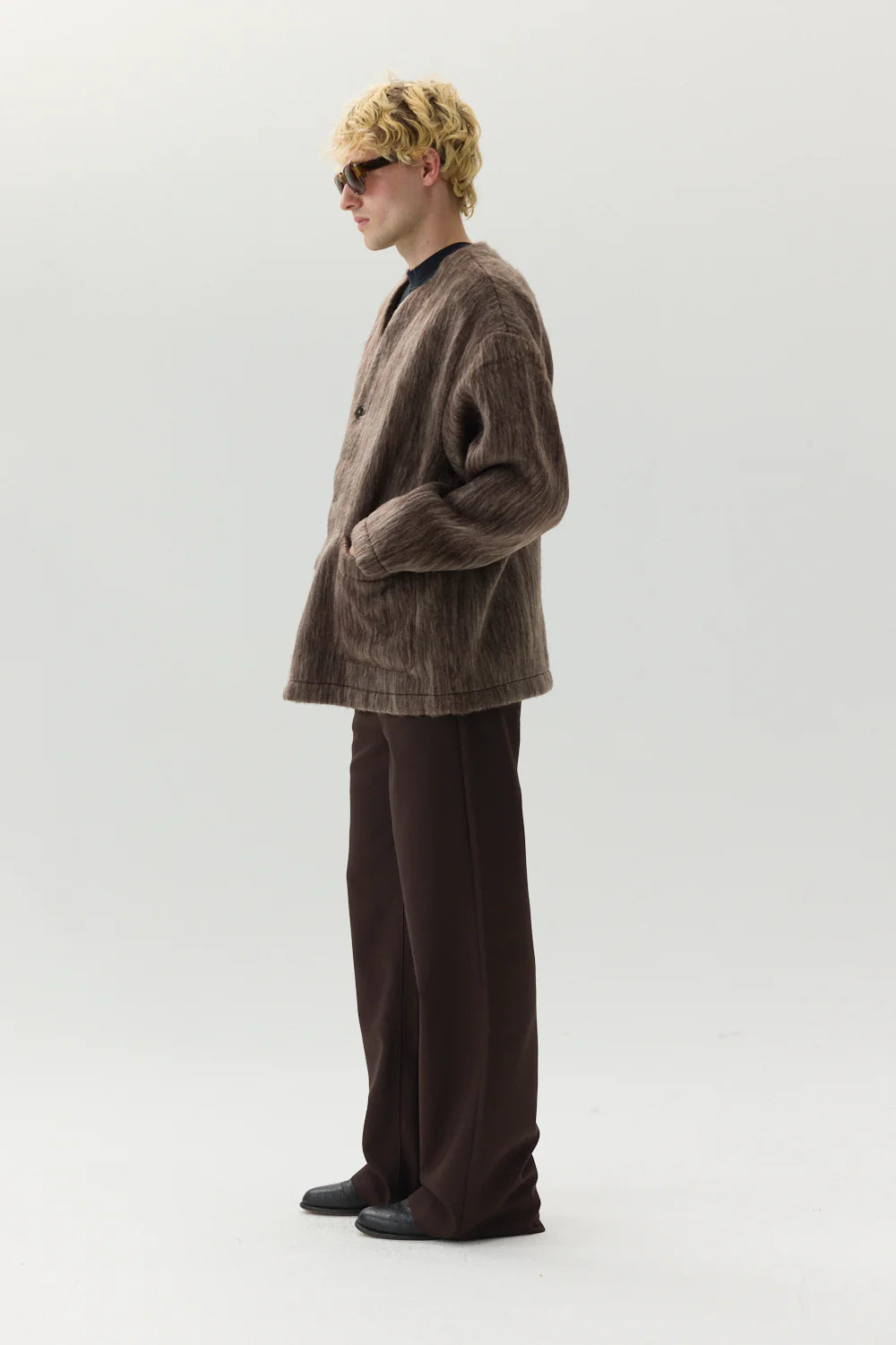 Bonded Shaggy Wool Cardigan - Brown