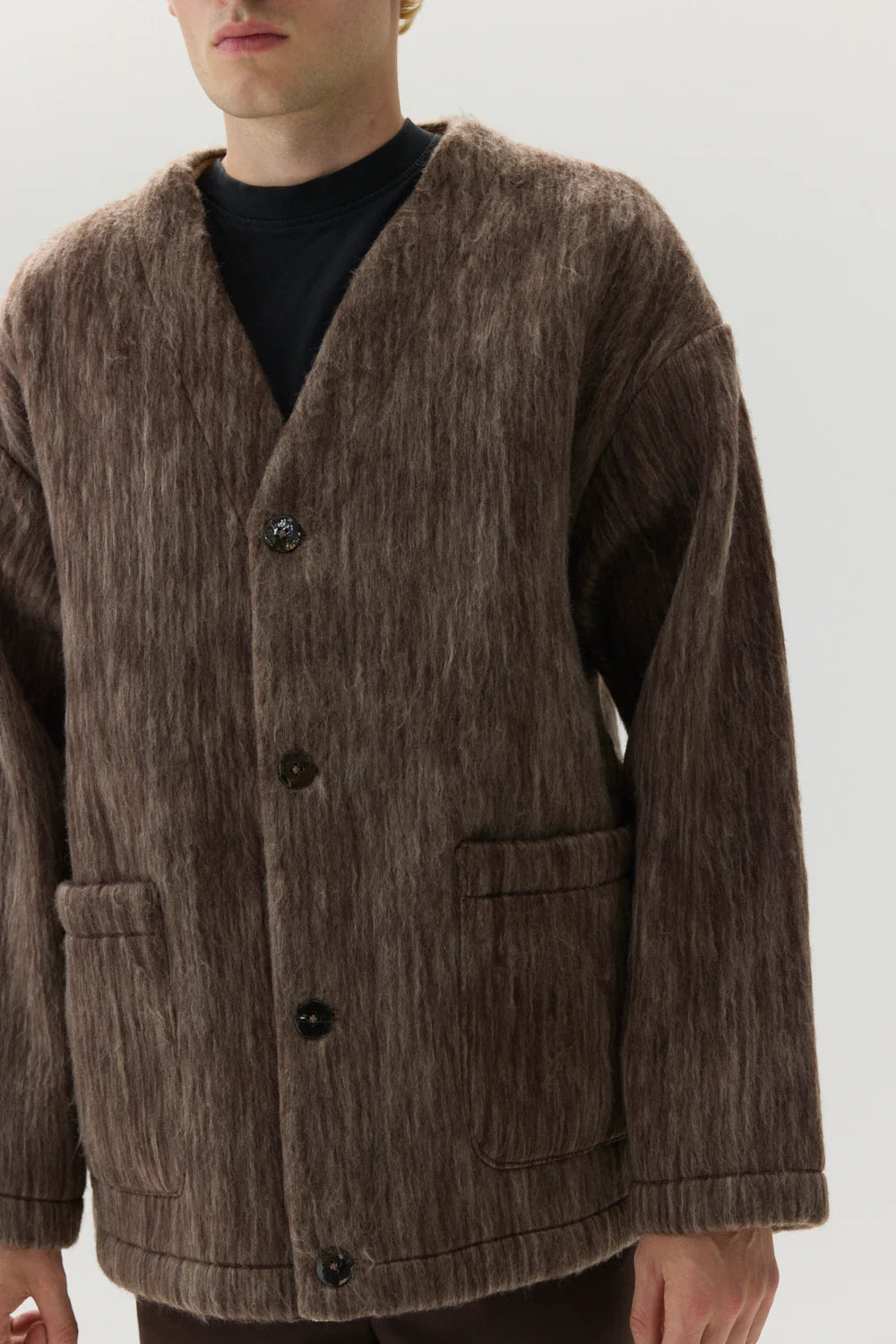 Bonded Shaggy Wool Cardigan - Brown