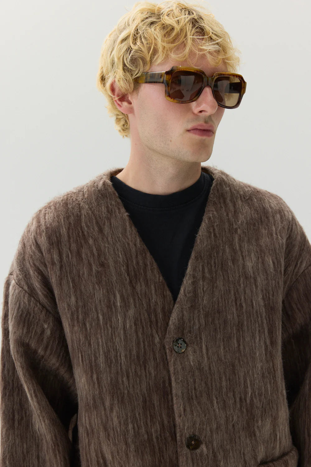 Bonded Shaggy Wool Cardigan - Brown