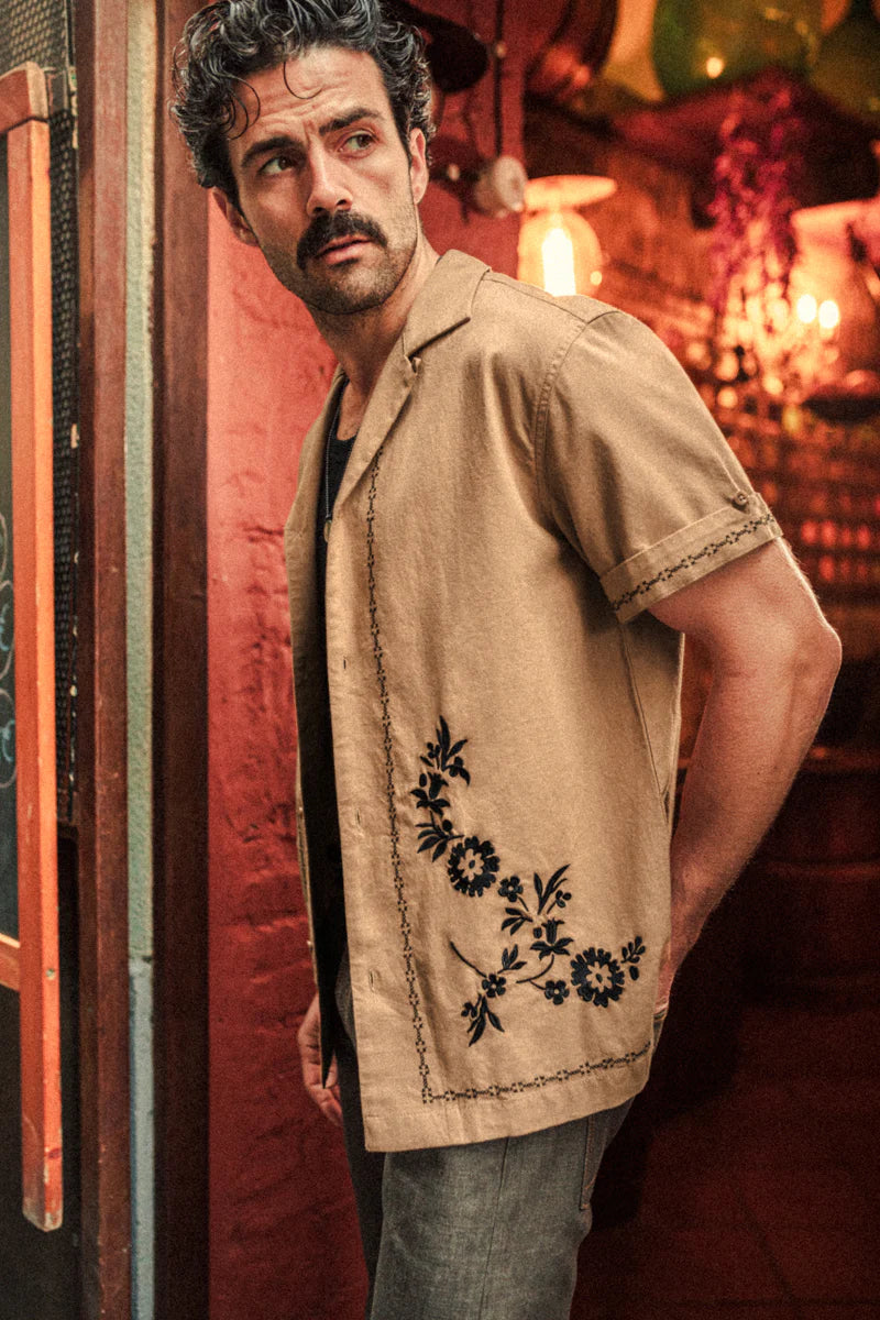 Luca Embriodered Shirt - Tan Linen Blend
