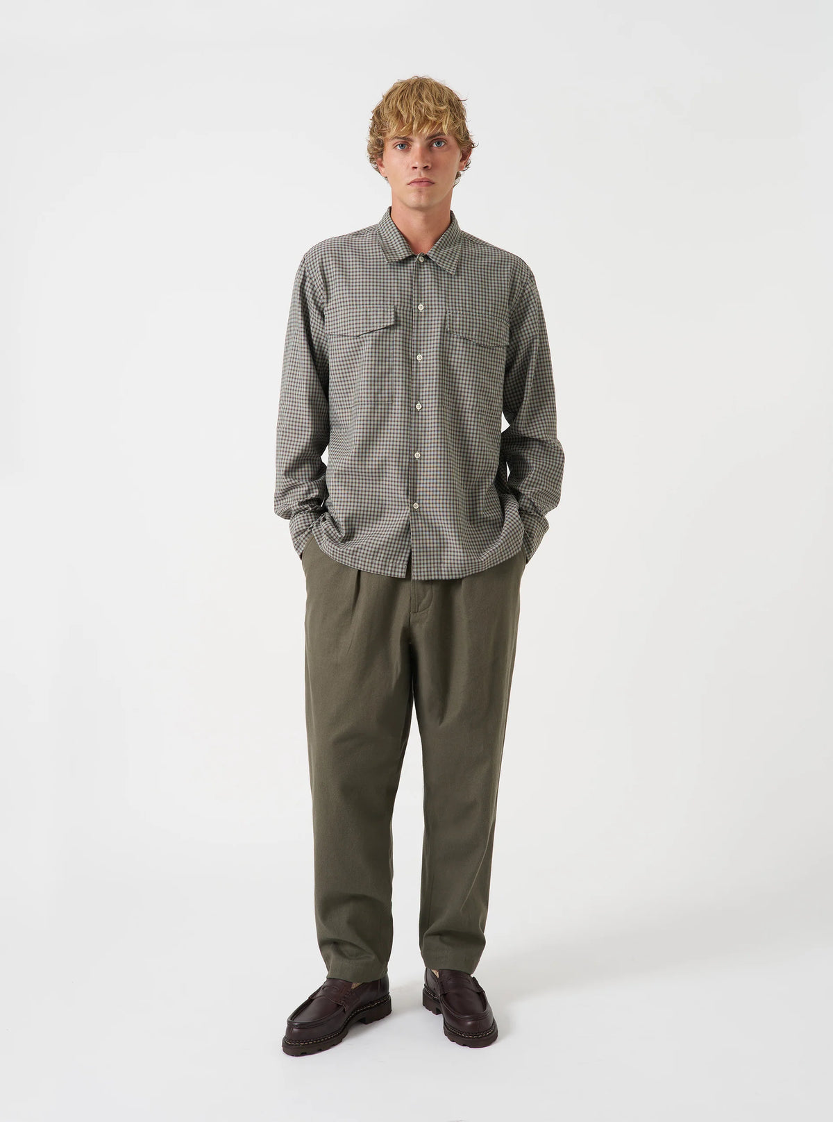 Pleated Track Pant - Olive Brushed Moleskin