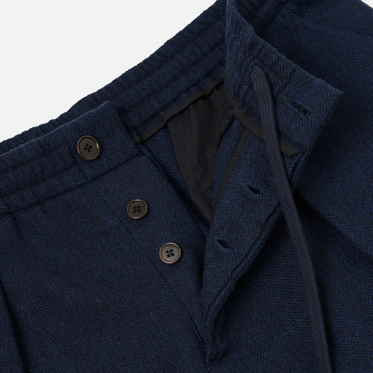 Pleated Track Pant - Navy Wool Herringbone