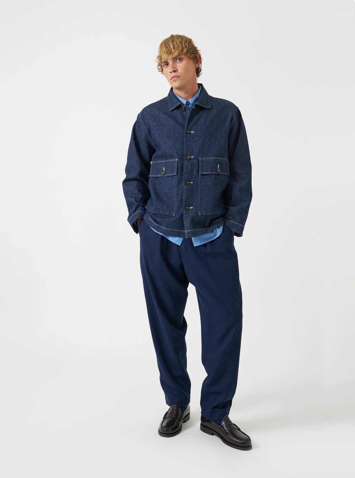 Pleated Track Pant - Navy Wool Herringbone