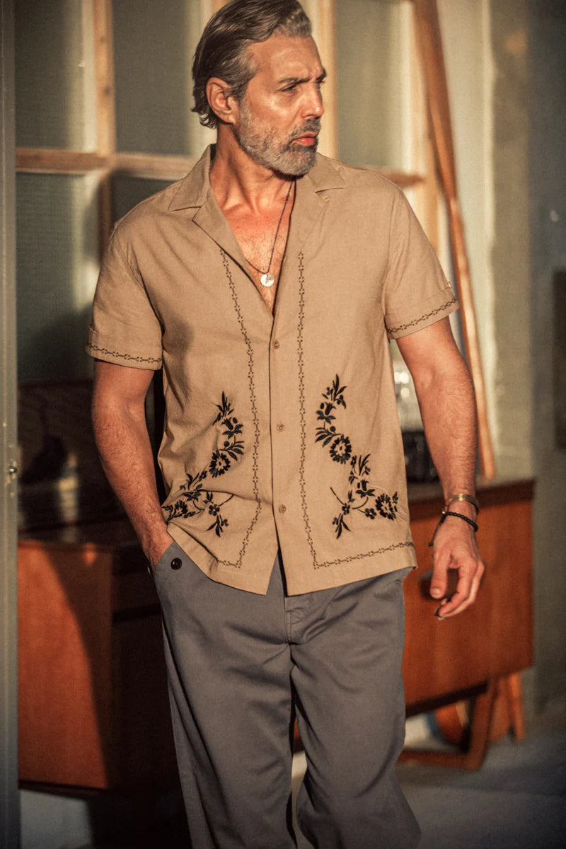 Luca Embriodered Shirt - Tan Linen Blend