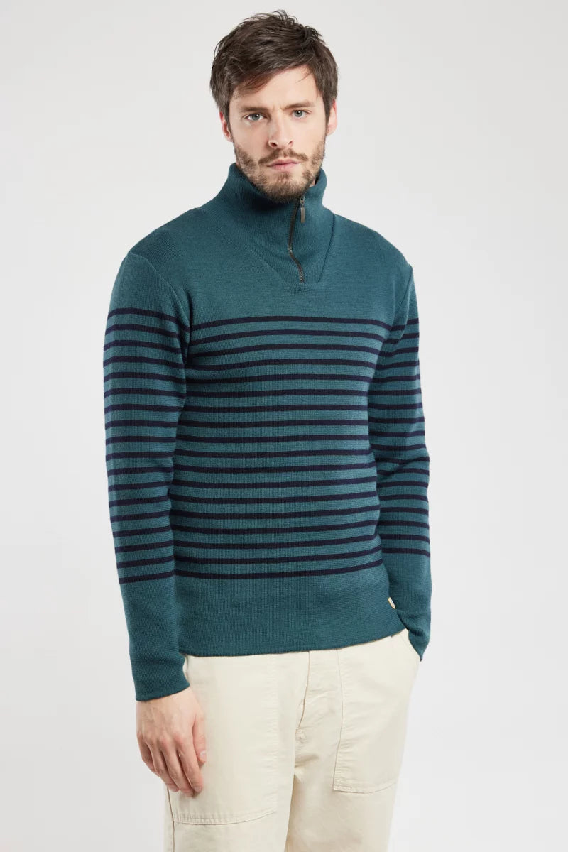 Zip-Up Collar Wool Sweater - Dark Storm/Navy