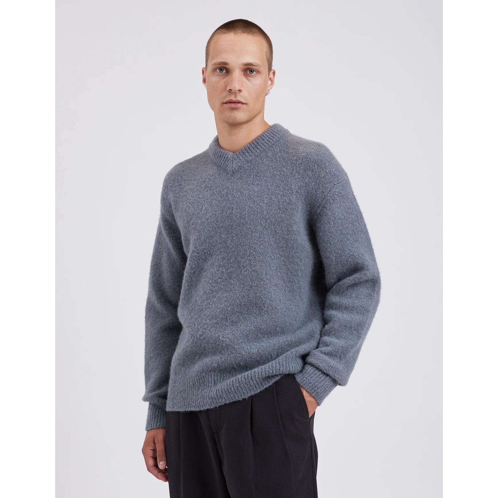 Rasmus Brushed V-Neck Sweater - Mouse Grey