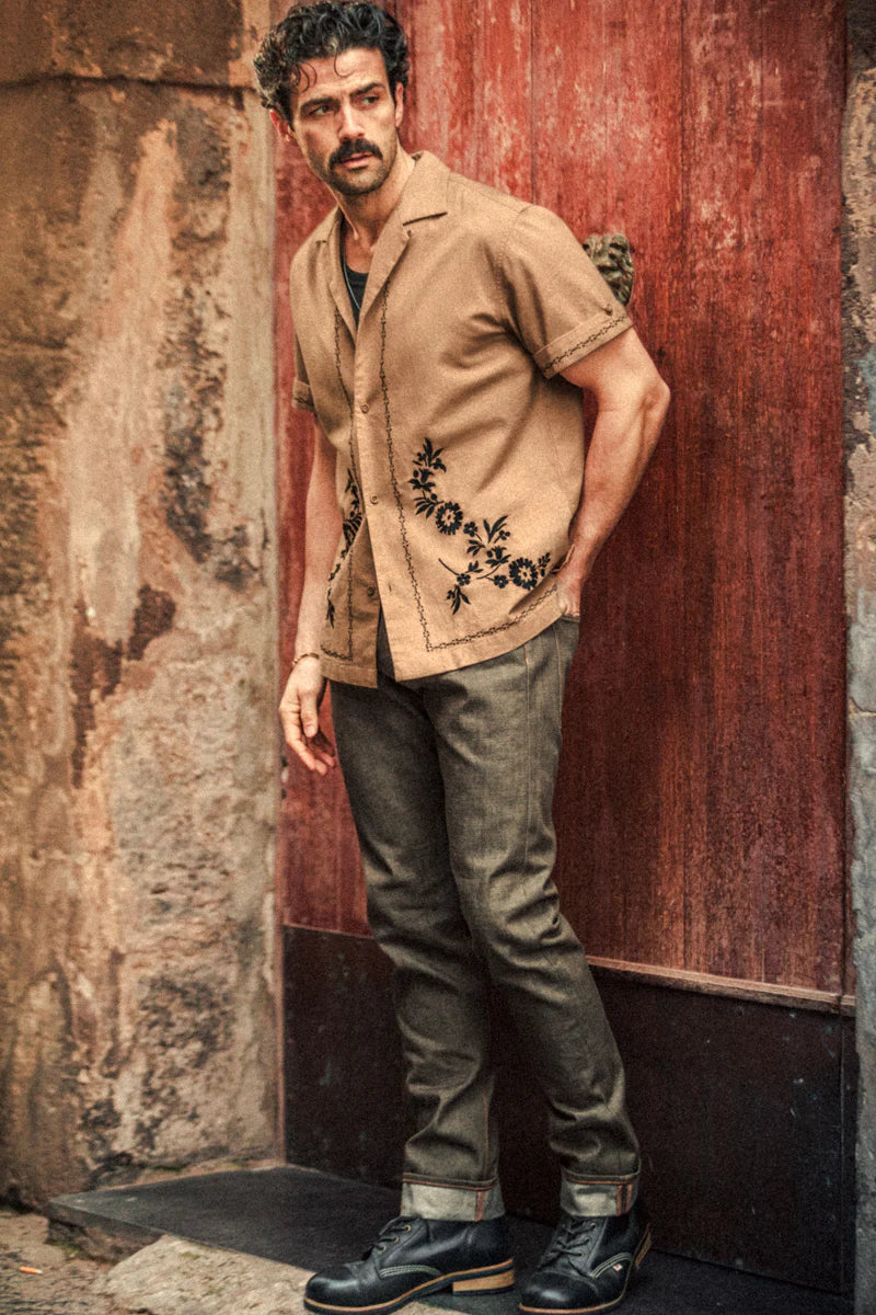 Luca Embriodered Shirt - Tan Linen Blend