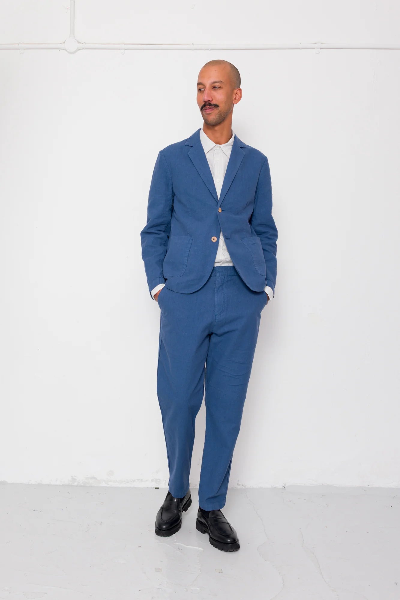 Fixed Waistband Cotton Linen Trouser - Woad