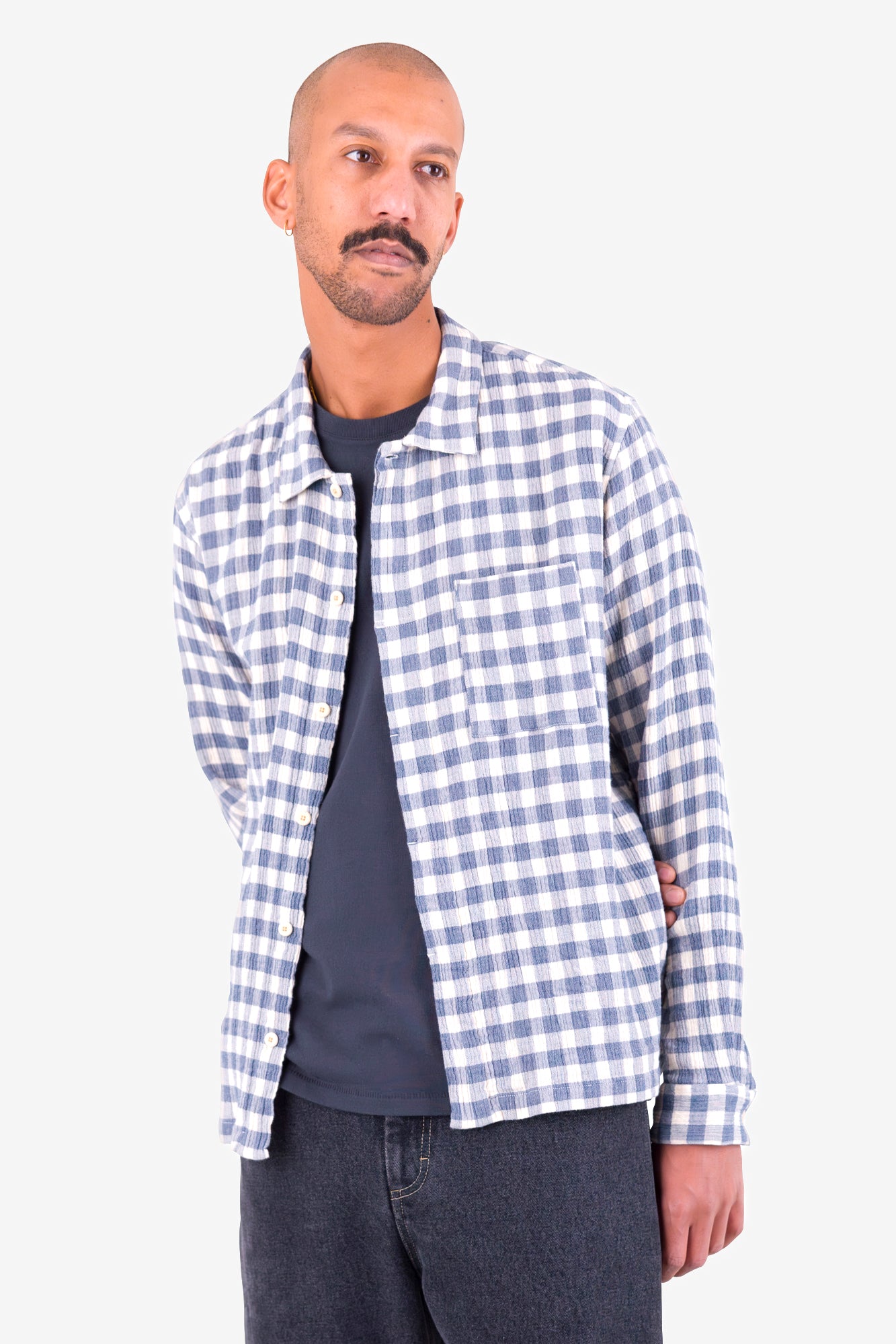 Patch Shirt - Soft Blue Crinkly Check