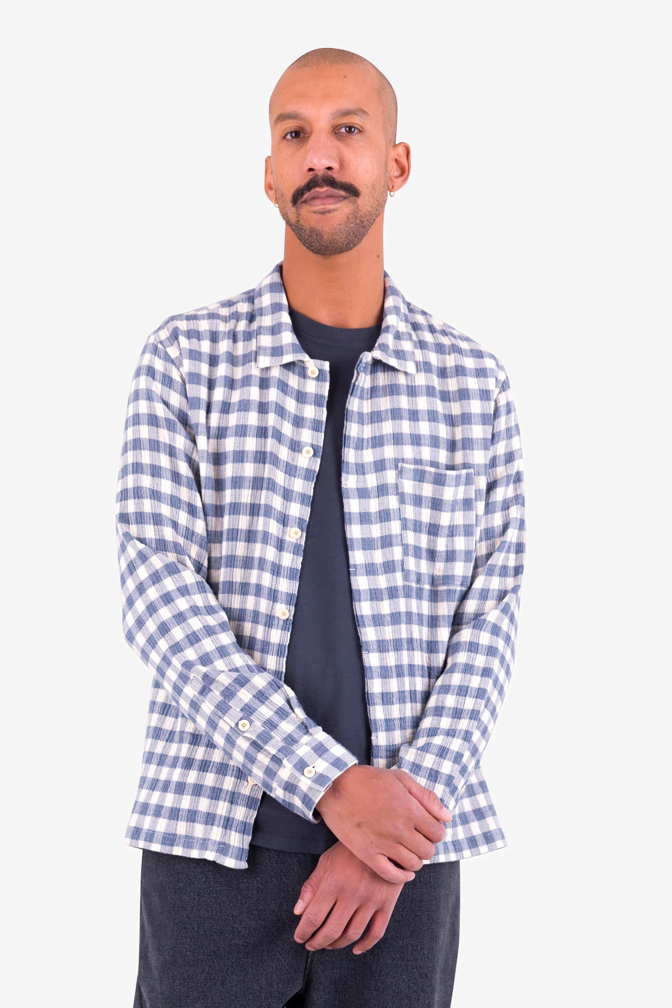 Patch Shirt - Soft Blue Crinkly Check