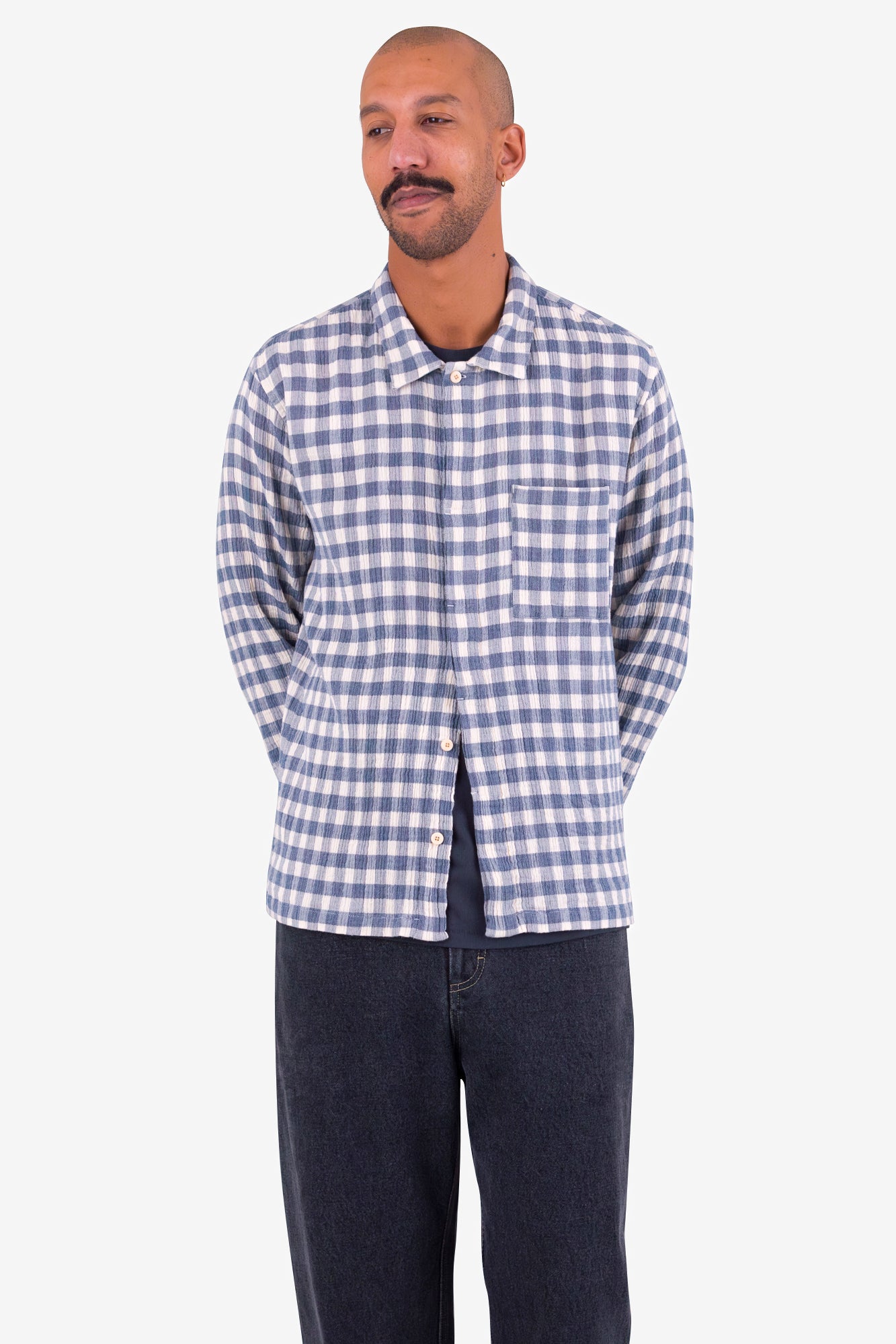 Patch Shirt - Soft Blue Crinkly Check