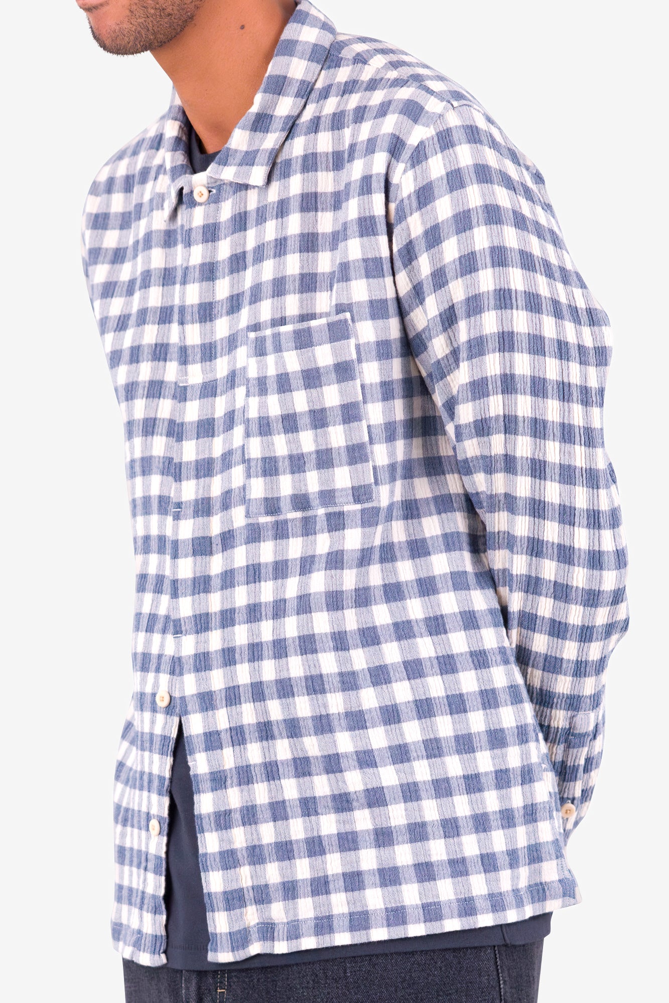 Patch Shirt - Soft Blue Crinkly Check