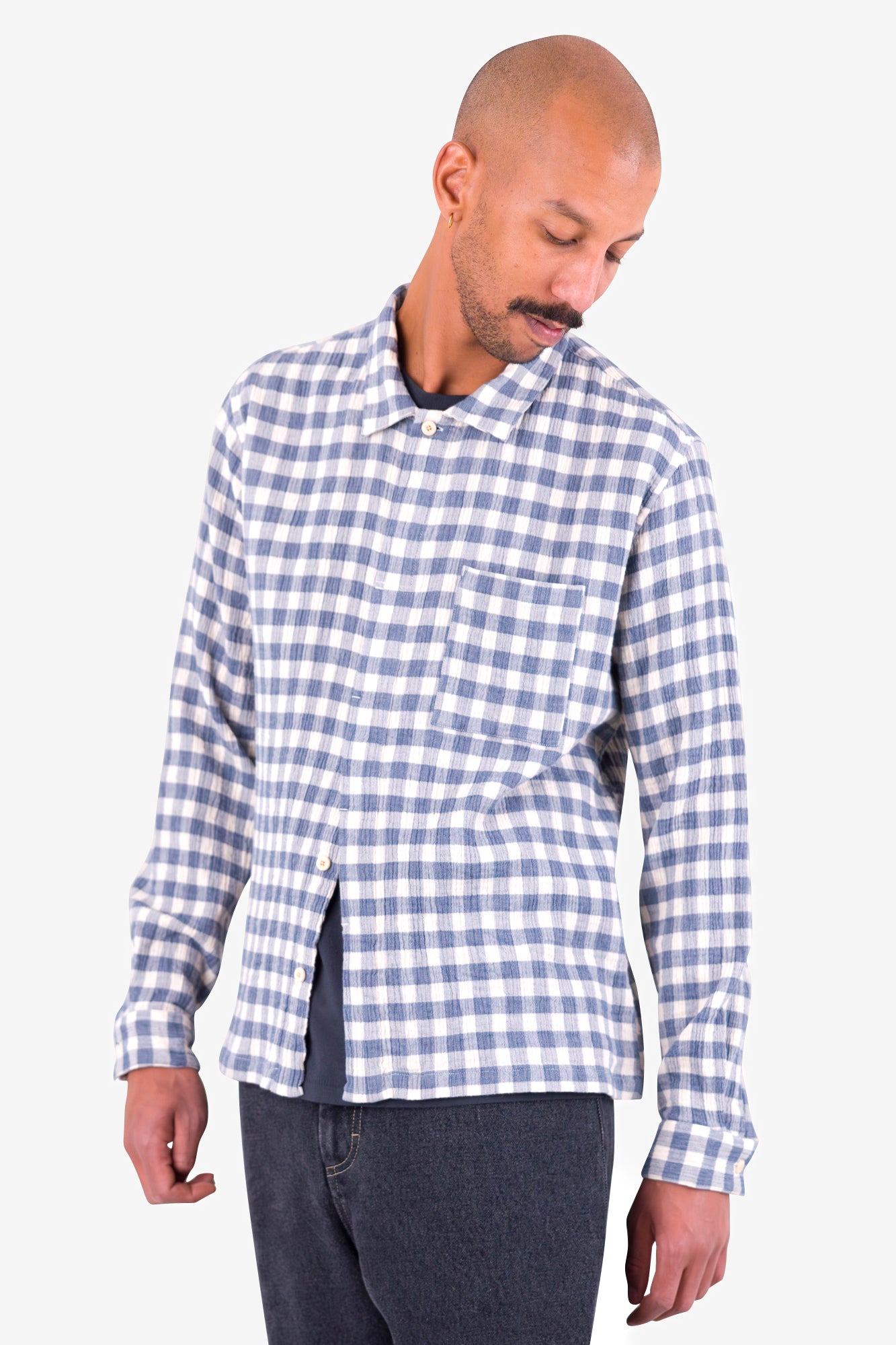 Patch Shirt - Soft Blue Crinkly Check