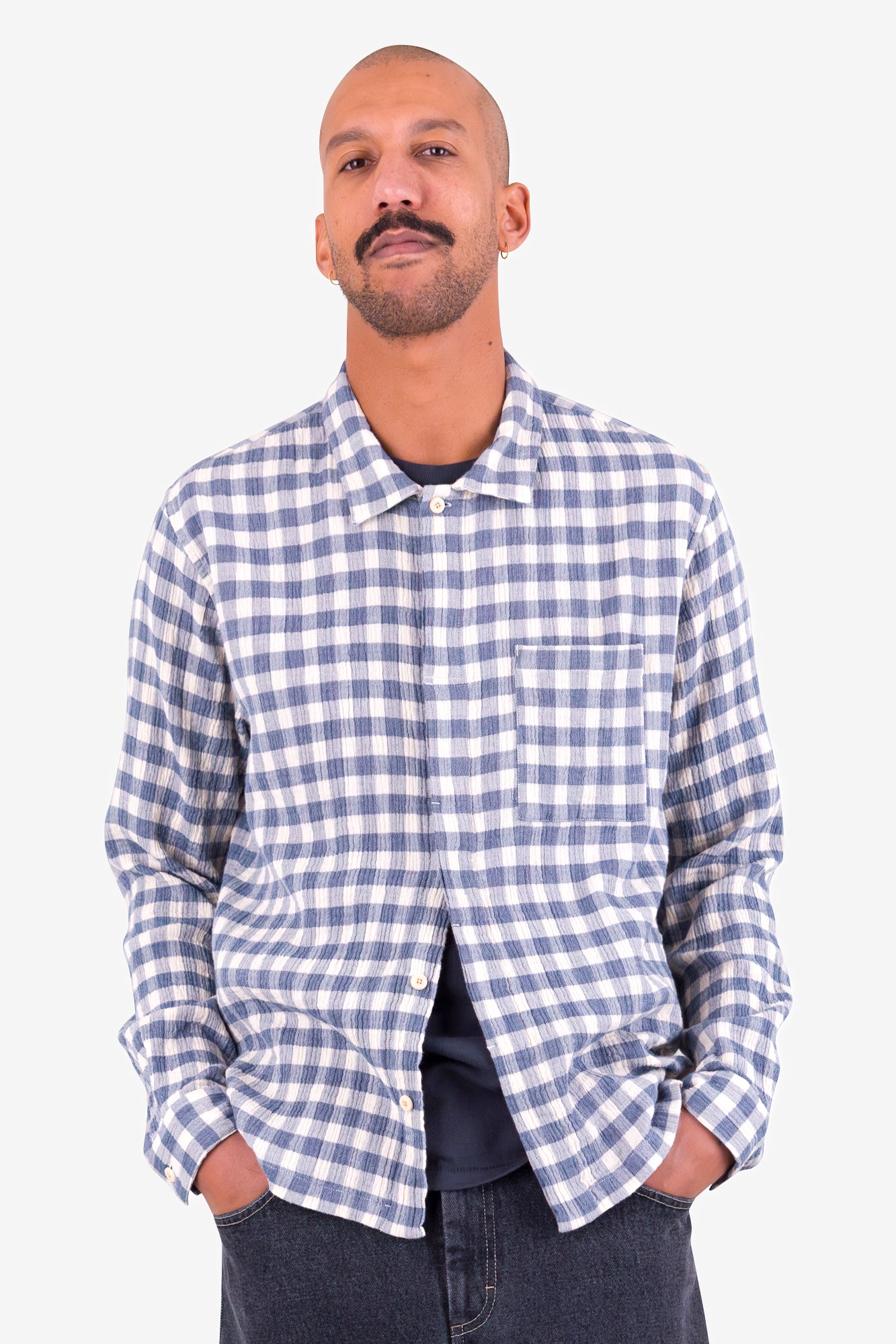 Patch Shirt - Soft Blue Crinkly Check