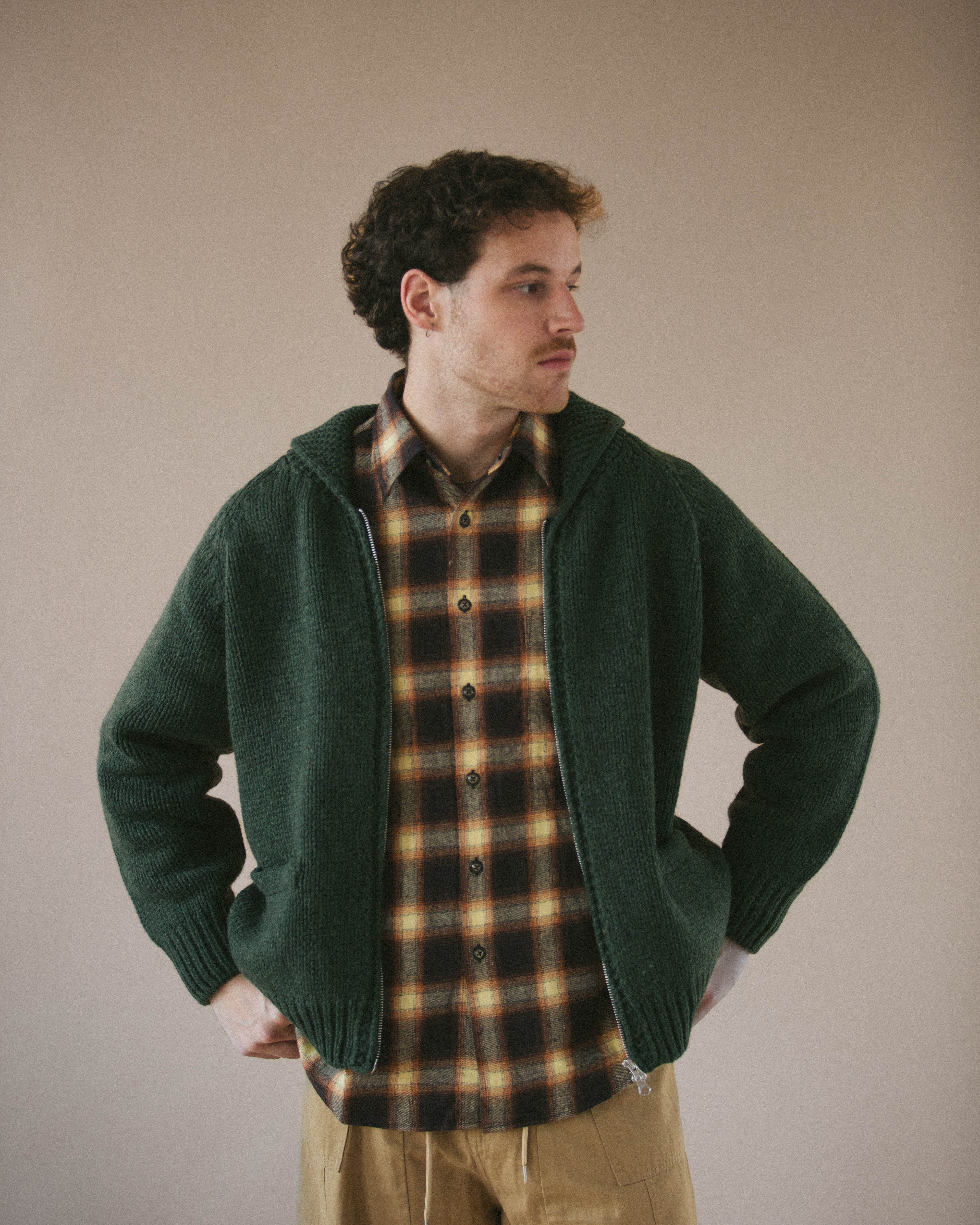Wool Heavy Cowichan Zipup Cardigan - Forest Green
