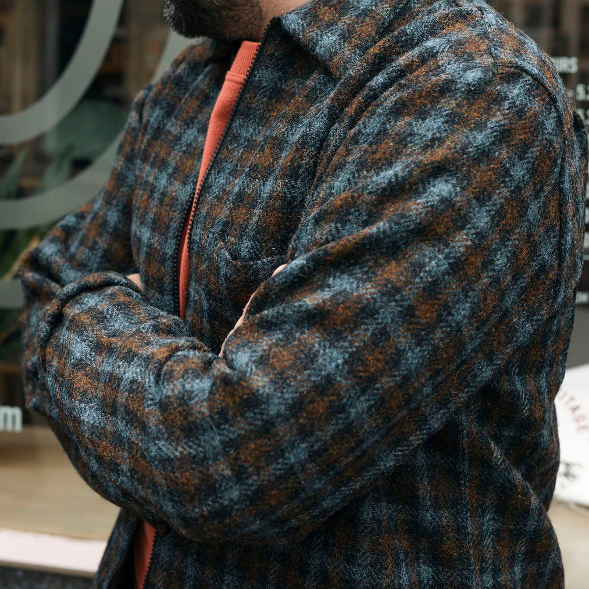UW x Frontiers Ltd Edition Zip Overshirt - Brown/Grey Check Harris Tweed