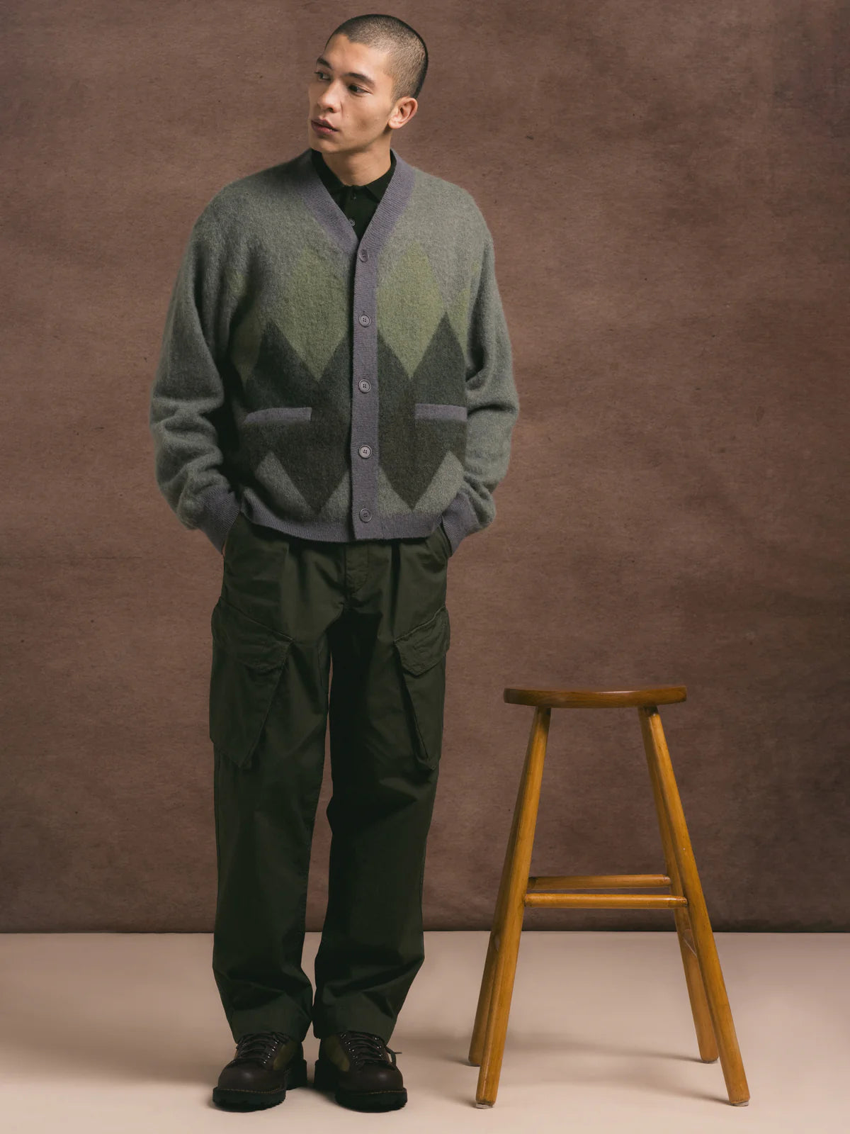 Muirfield Argyle Cardigan - Olive Mohair