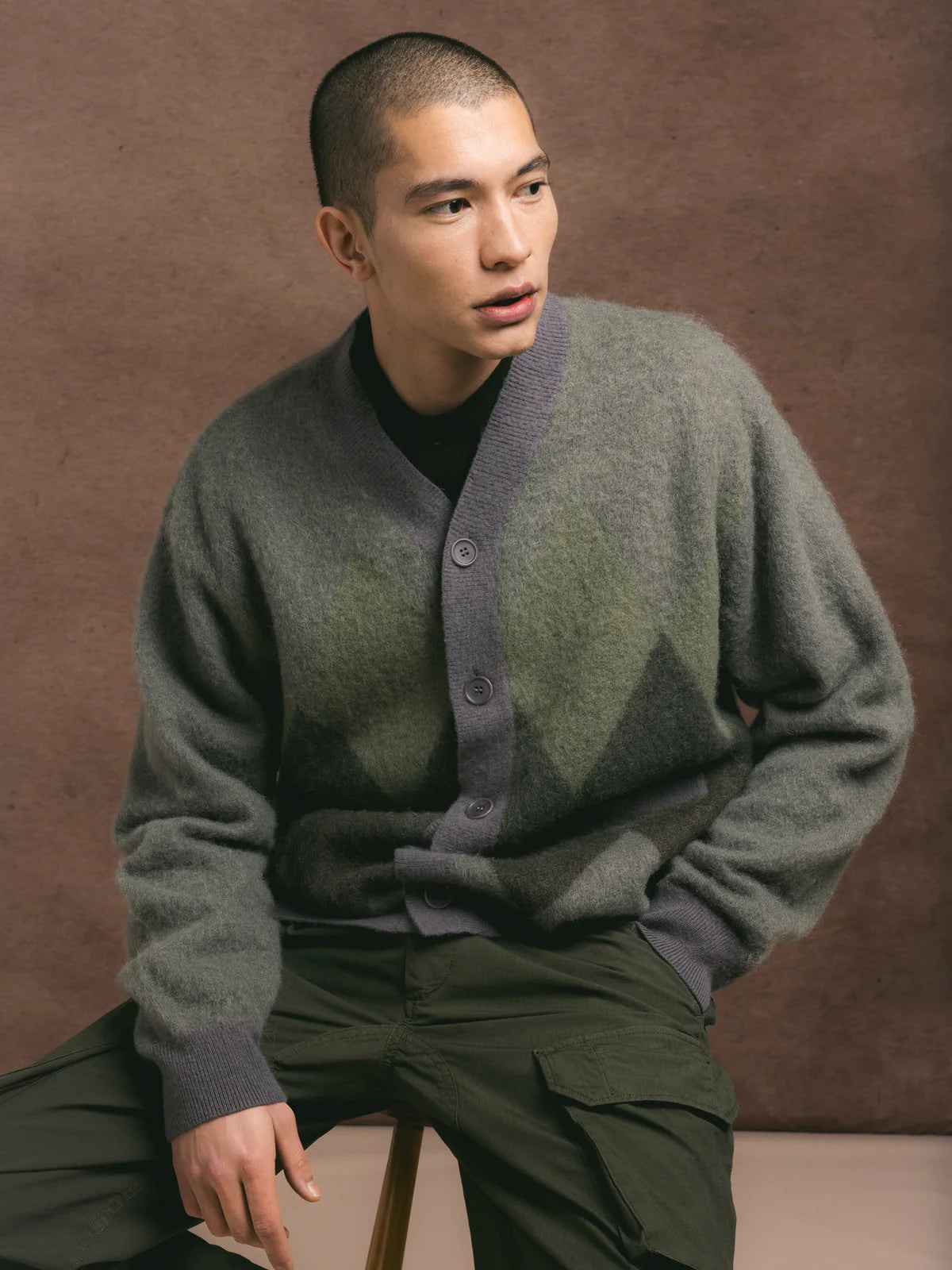 Muirfield Argyle Cardigan - Olive Mohair