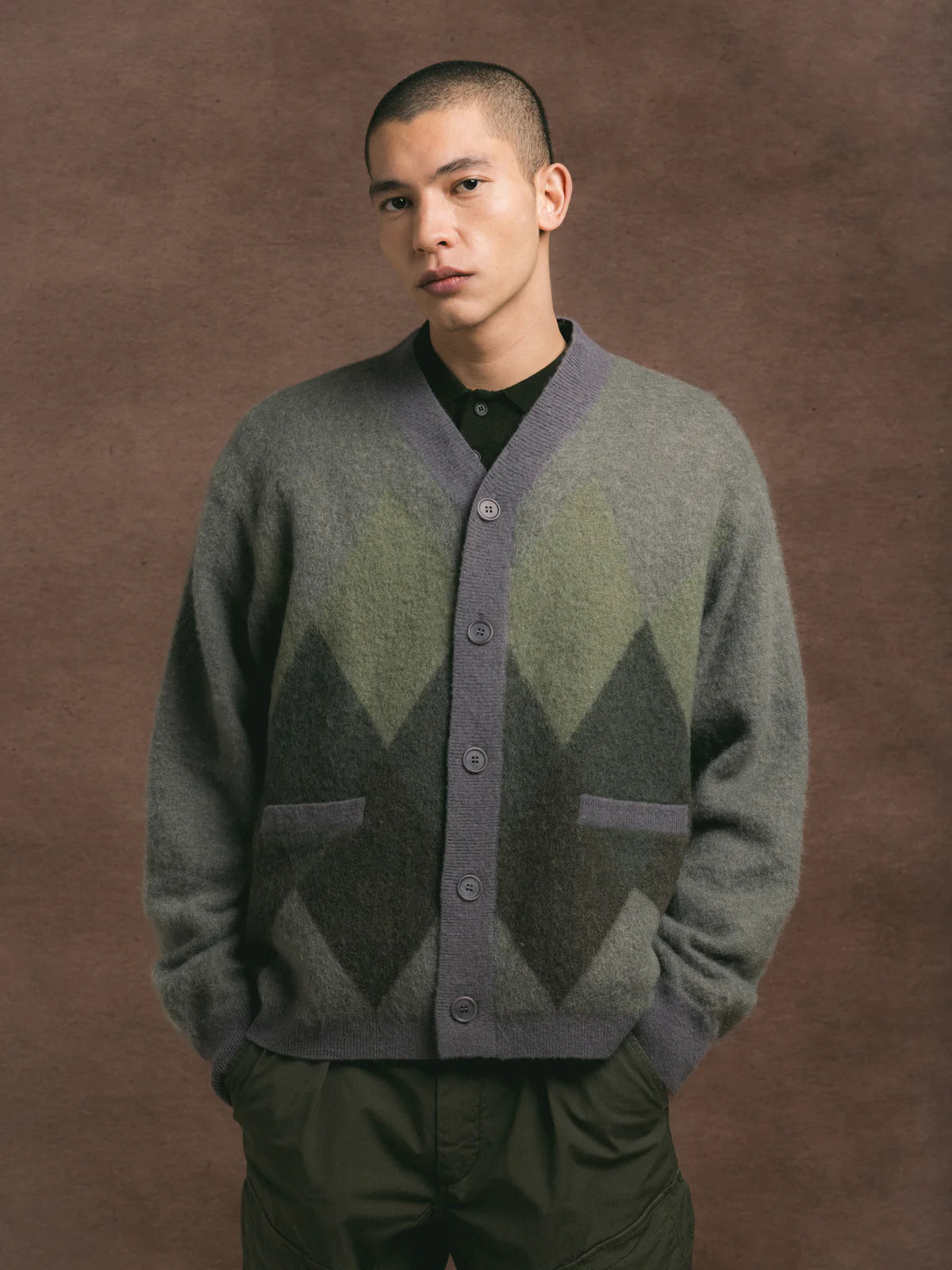 Muirfield Argyle Cardigan - Olive Mohair
