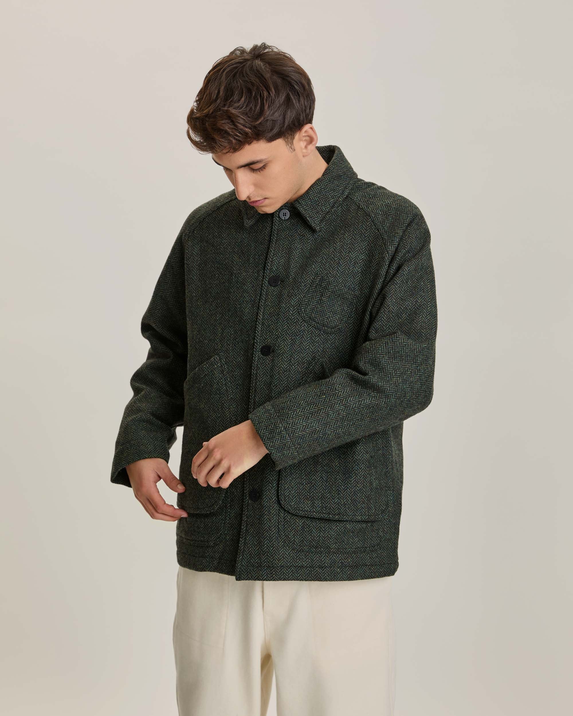 Mantero Expedition Wool Jacket - Black/Green Herringbone
