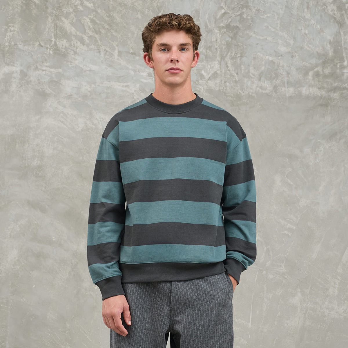 Paiva Drop Shoulder Sweatshirt - Black/Balsam Green Stripe