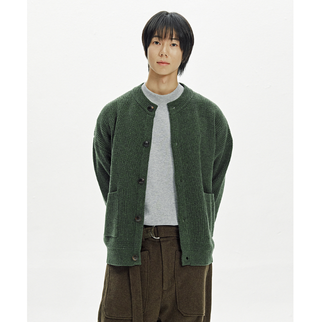 Heavy Wool Round Cardigan - Forest Green