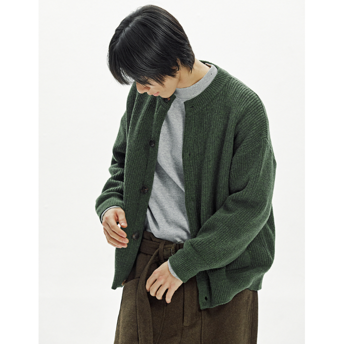 Heavy Wool Round Cardigan - Forest Green