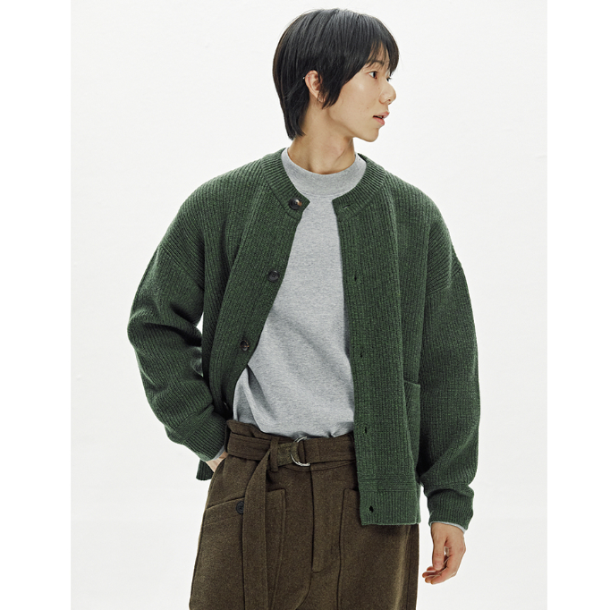 Heavy Wool Round Cardigan - Forest Green