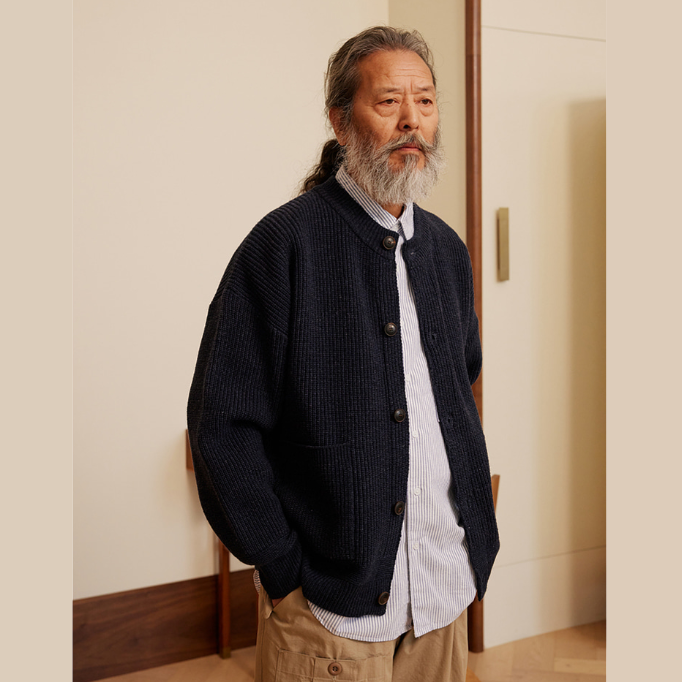 Wool Heavy Wool Round Cardigan - Navy