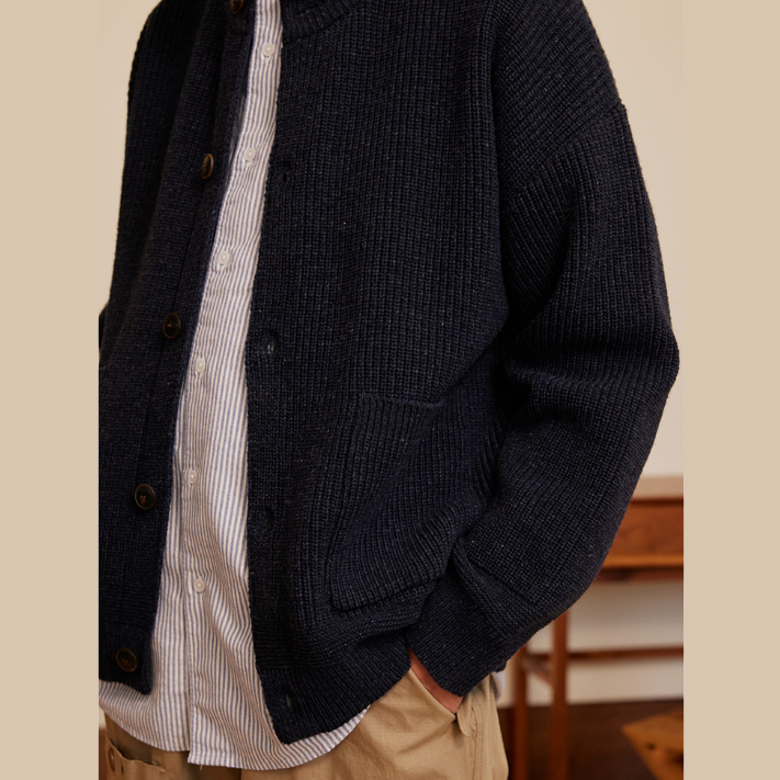 Wool Heavy Wool Round Cardigan - Navy